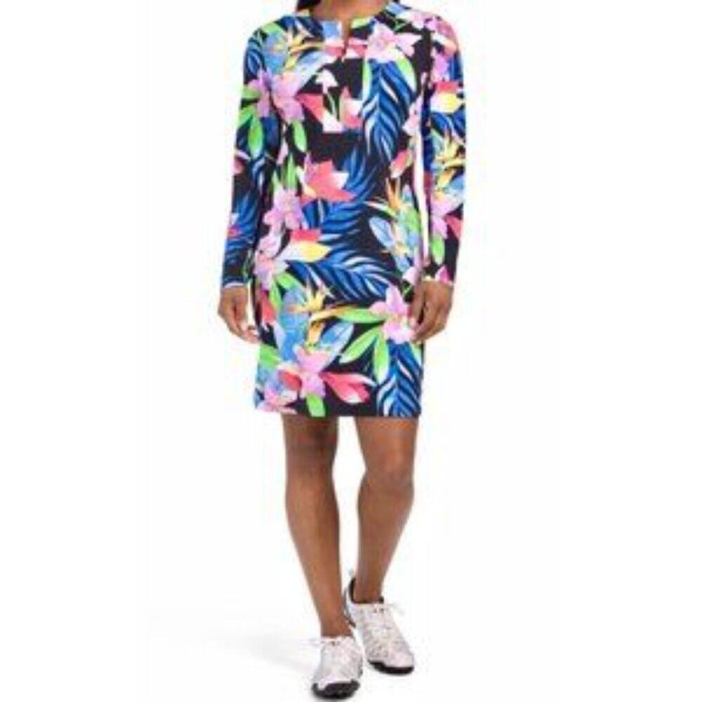 IBKUL Rio Zip Front Crew Neck Dress Black Multi Long Sleeve Golf UPF 50 Size S